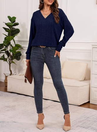 Bluza larga cu maneci lungi cu masete cu nasturi, albastra M [4]