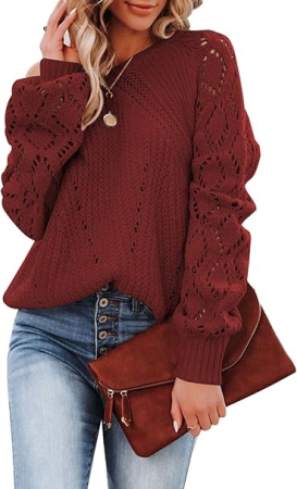 Bluze dama - Bluza larga cu maneci lungi perforate, visinie L