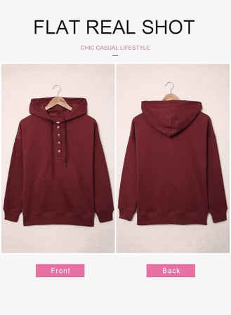 Bluza extralarga cu maneci lungi si decolteu cu capse, hanorac cu gluga, visinie 2XL [3]