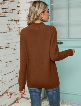 Bluza maro lejera, Pulover cu Decolteu V Petrecut, Mâneci Lungi, Moale și Elegant, M [2]