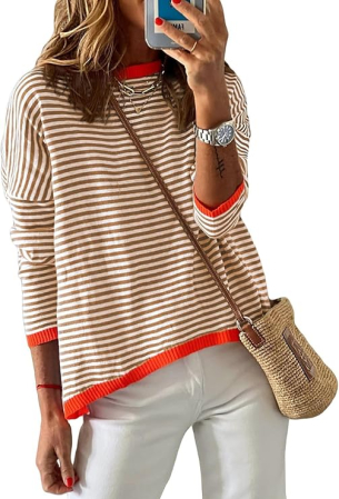 BLUZE - Bluza larga pentru femei, pulover fin, dungi portocali L