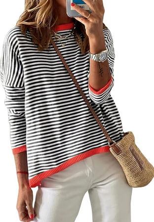 BLUZE - Bluza larga pentru femei, pulover fin, dungi negre XL