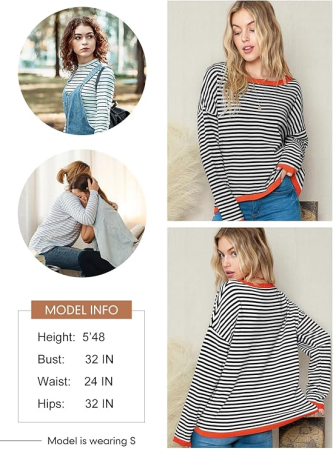 Bluza larga pentru femei, pulover fin, dungi negre S [2]