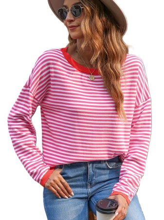 BLUZE - Bluza larga pentru femei, pulover fin, dungi rosii L