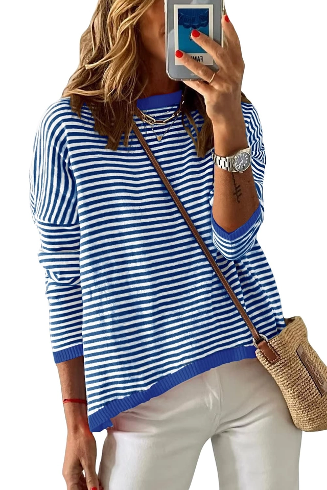 BLUZE - Bluza larga pentru femei, pulover fin, dungi albastre 2XL