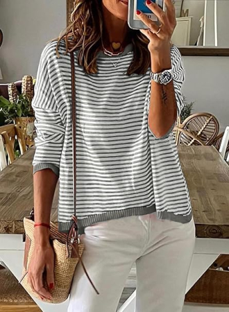 Bluza larga pentru femei, pulover fin, dungi verzi L [4]