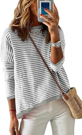 BLUZE - Bluza larga pentru femei, pulover fin, dungi gri L