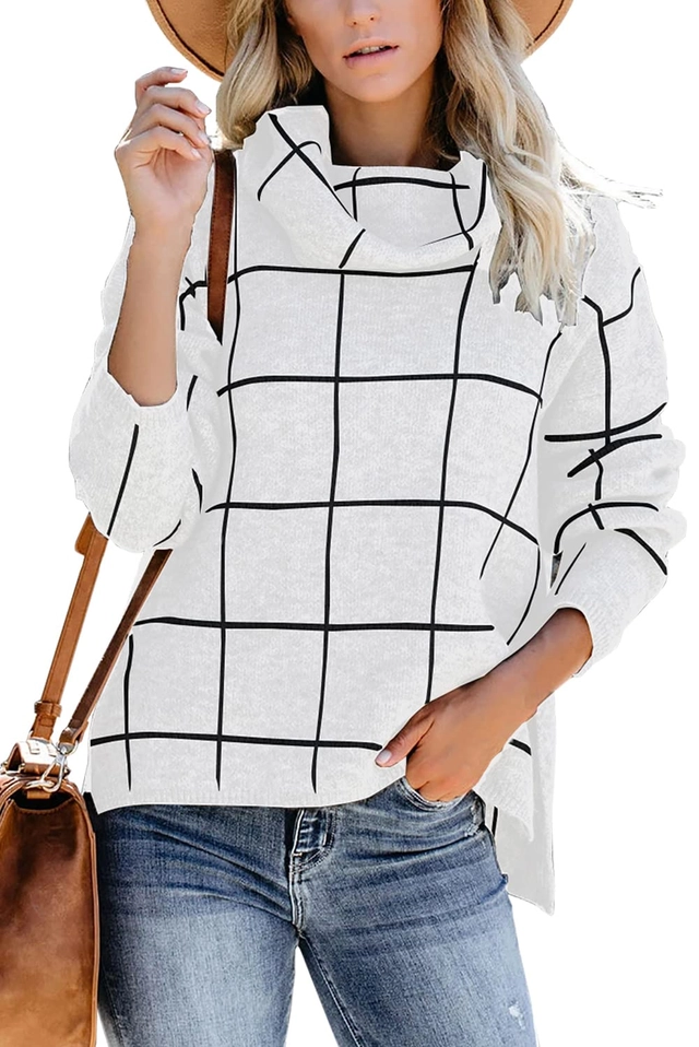 BLUZE - Bluza larga pentru femei, pulover fin, guler inalt , alb carouri XL