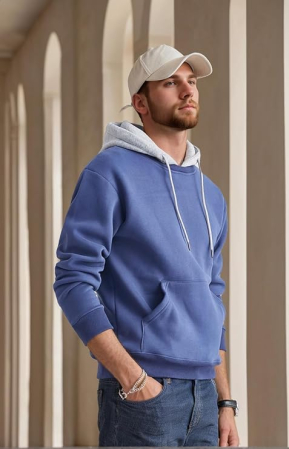 Bluza lejera pentru barbati, cu maneci lungi, hanorac albastru/gri cu gluga XL [1]