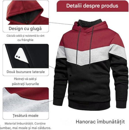 Bluza lejera pentru barbati, cu maneci lungi, hanorac negru, gri, visiniu cu gluga 3XL [4]