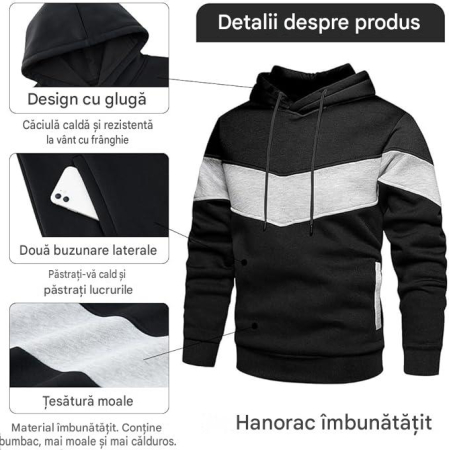 Bluza lejera pentru barbati, cu maneci lungi, hanorac negru, gri, cu gluga 3XL [5]