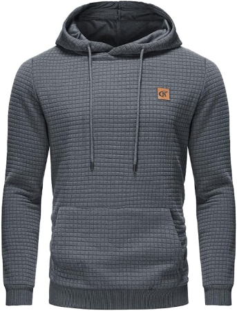 Bluze barbati - Hanorac gri Bărbați Huayuzh, cu Glugă, Model Carouri Jacquard, Buzunar Cangur, 2XL