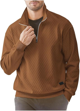 Bluze barbati - Bluza lejera pentru barbati, cu maneci lungi, pulover Maro cu fermoar 1/4 S