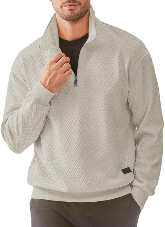 Bluze barbati - Bluza lejera pentru barbati, cu maneci lungi, pulover Bej cu fermoar 1/4 3XL