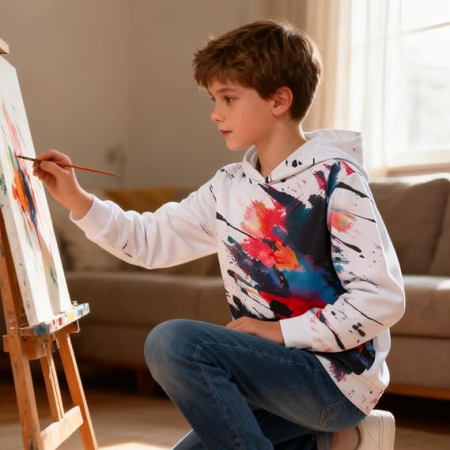 Bluza lejera pentru copii, cu maneci lungi, hanorac alb cu model abstract si gluga 12-13 ani [3]