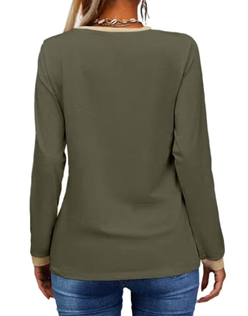 Bluză Damă Fisoew, Mânecă Lungă, Decolteu în V, Verde, Color Block, 2XL [1]