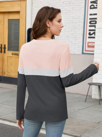 Bluza lejera pentru femei, cu maneci lungi, guler rotund, roz/gri S [3]