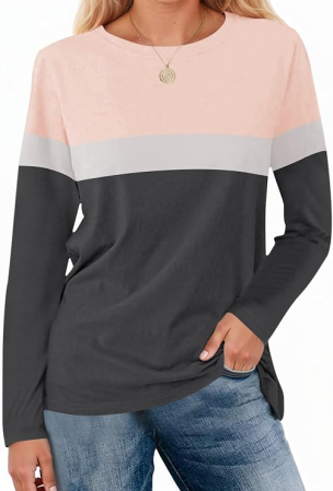 Bluze dama - Bluza lejera pentru femei, cu maneci lungi, guler rotund, roz/gri S
