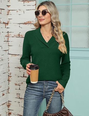 Bluza verde lejera pentru femei, maneci lungi, decolteu in V, M [2]