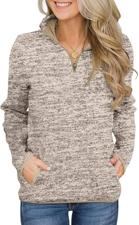 Bluze dama - Bluza lejera pentru femei, maneci lungi, guler inalt, fermoar 3/4, crem/gri M