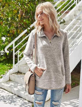 Bluza lejera pentru femei, maneci lungi, guler inalt, fermoar 3/4, crem/gri M [3]