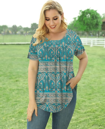 Bluza lejera pentru femei, maneci scurte, dantelate, albastra 4XL [4]