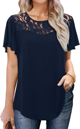 BLUZE FEMEI - Bluza lejera pentru femei, maneci scurte, dantelate, albastra 2XL