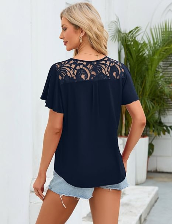 Bluza lejera pentru femei, maneci scurte, dantelate, albastra L [3]