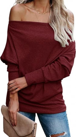 BLUZE - Bluza larga pentru femei, pulover fin, lasata peste umeri, visinie L