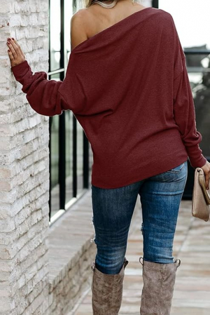 Bluza larga pentru femei, pulover fin, lasata peste umeri, visinie L [2]