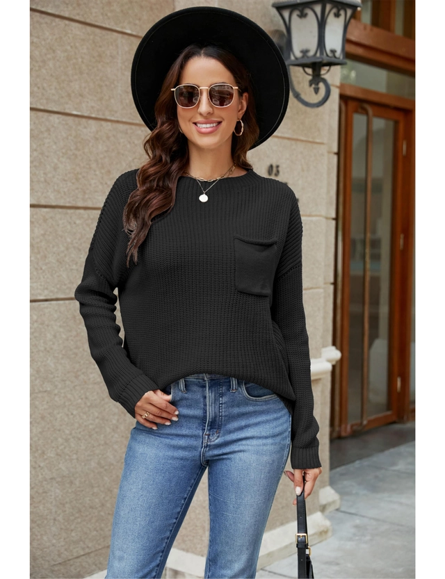 Bluza lejera pentru femei, pulover fin, cu buzunar la piept, negru M [2]