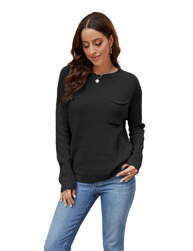 BLUZE - Bluza lejera pentru femei, pulover fin, cu buzunar la piept, negru M