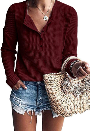 BLUZE FEMEI - Bluza lejera pentru femei, pulover respirabil, decolteu V cu nasturi visinie M