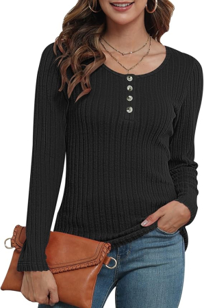 BLUZE FEMEI - Bluza neagra lejera pentru femei, pulover respirabil, decolteu rotund cu nasturi L