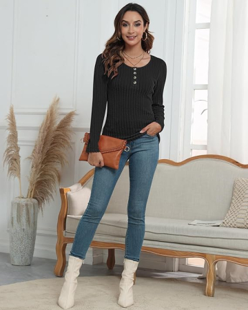 Bluza neagra lejera pentru femei, pulover respirabil, decolteu rotund cu nasturi L [4]