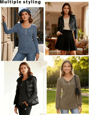 Bluza neagra lejera pentru femei, pulover respirabil, decolteu rotund cu nasturi L [2]