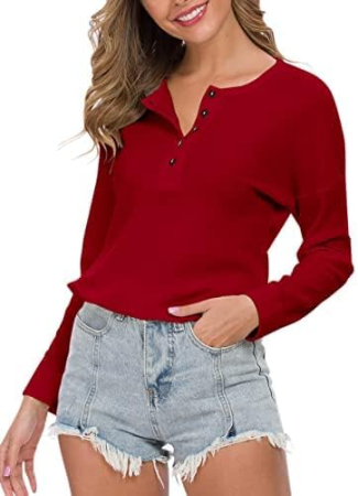 Bluza lejera pentru femei, pulover respirabil, decolteu V cu nasturi rosie XL [4]