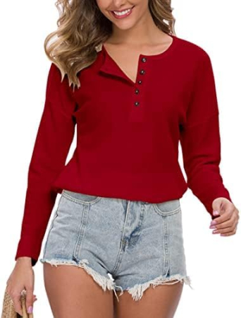 Bluza lejera pentru femei, pulover respirabil, decolteu V cu nasturi rosie XL [2]