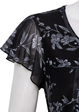 Bluza lejera pentru femei, subtire, respirabila, maneci scurte, neagra cu flori XL [2]