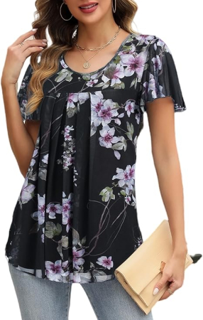 Bluze dama - Bluza lejera pentru femei, subtire, respirabila, maneci scurte, neagra cu flori colorate XL