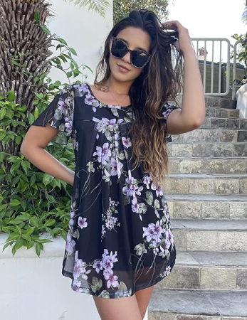 Bluza lejera pentru femei, subtire, respirabila, maneci scurte, neagra cu flori colorate XL [6]