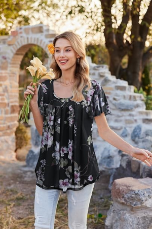 Bluza lejera pentru femei, subtire, respirabila, maneci scurte, neagra cu flori colorate XL [1]