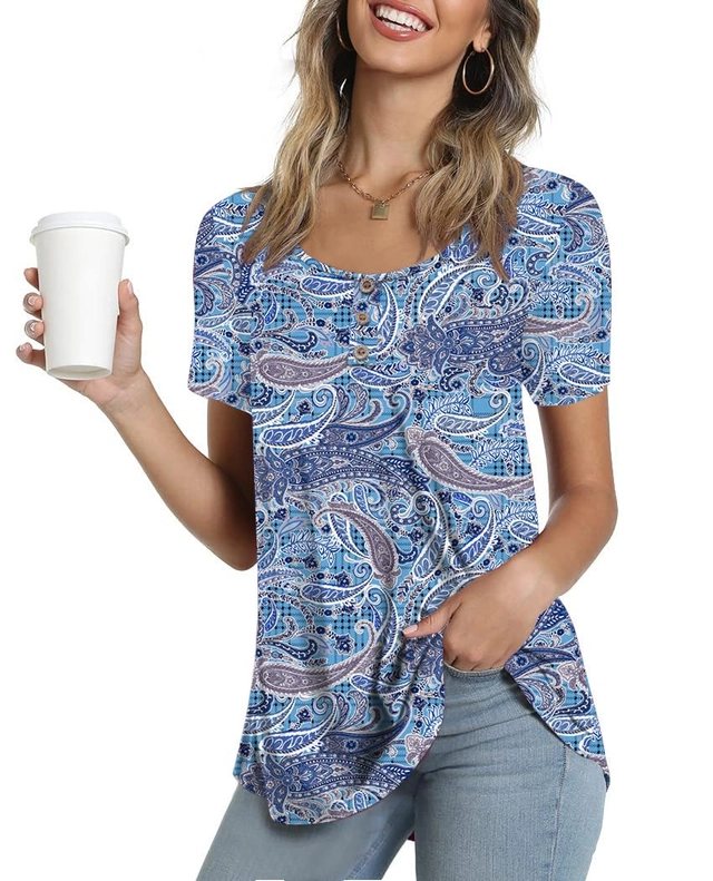 Tricouri dama - Bluza lejera pentru femei, top cu maneci scurte, albastru cu model S