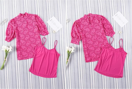 Bluza lejera pentru femei, top cu maneci scurte, dantele Roz L [2]