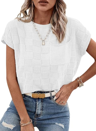 Bluza lejera pentru femei, top cu maneci scurte, Alb L [1]