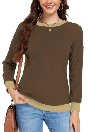Bluze dama - Bluza maro, lejera pentru femei, cu maneci lungi, guler rotund, XL