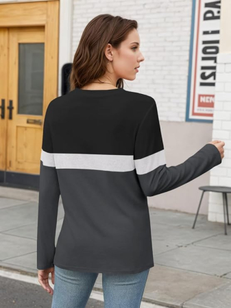 Bluza lejera pentru femei, cu maneci lungi, guler rotund, negru/gri XL [3]