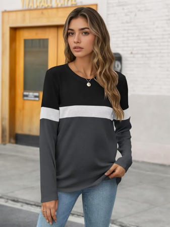 Bluza lejera pentru femei, cu maneci lungi, guler rotund, negru/gri XL [1]