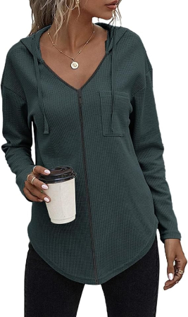 BLUZE FEMEI - Bluza verde lejera, Pulover cu Decolteu V Petrecut, Mâneci Lungi, Moale și Elegant, M