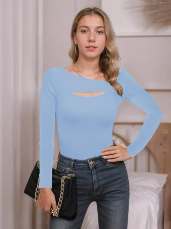 Bluza mulata, cu dungi, slim fit, de vară, taietura asimetrica Albastru cer M [1]